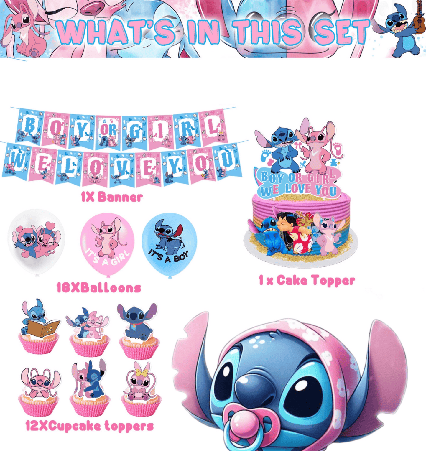 Stitch Gender reveal party decorations set Birthday Party Decorations – Complete Decoration Set.