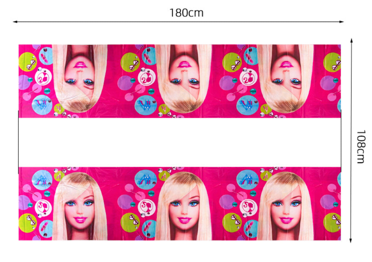 Barbie birthday party set with colorful decorations including balloons, banners, and themed tableware by Shopping Island.