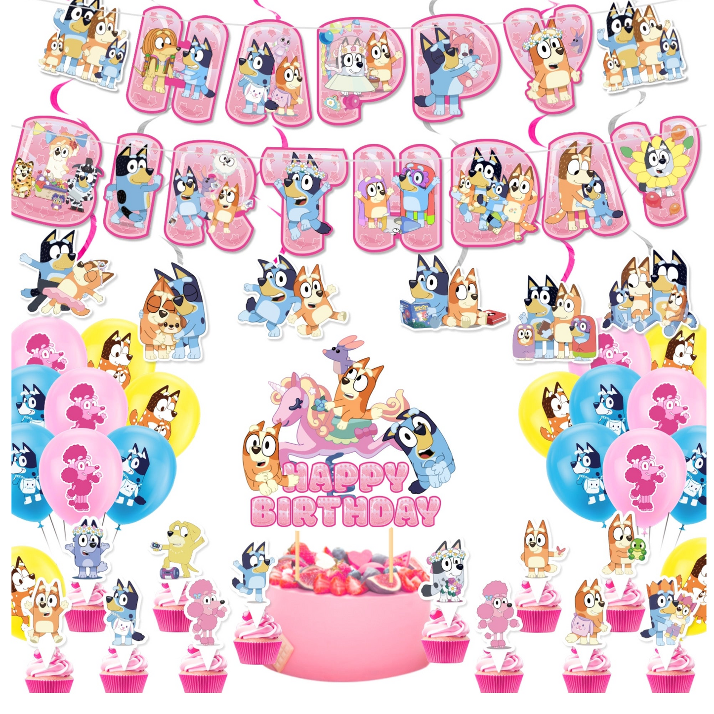 Juego de decoraciones para fiesta azul y rosa - decoración de mesa