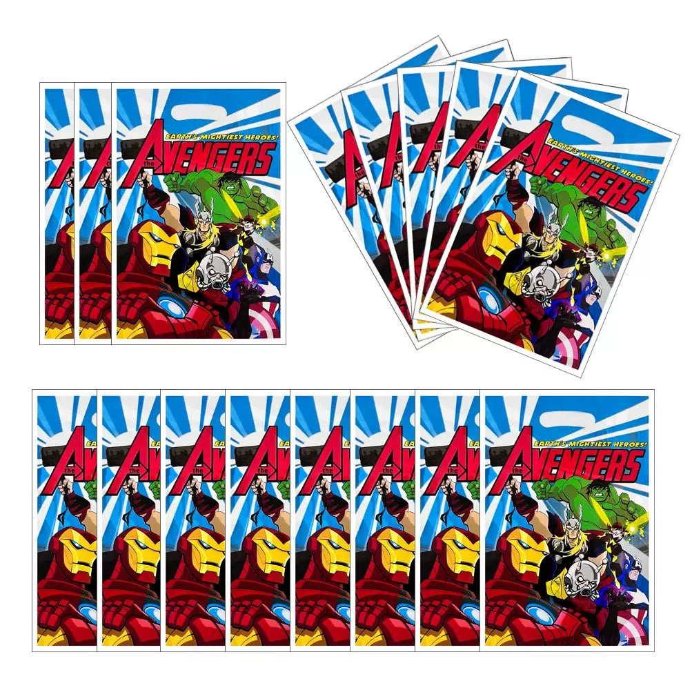 Avengers birthday party decorations with themed banners, balloons, and table decor for a superhero celebration by Shopping Island.