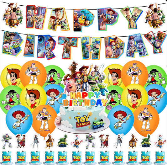Toy Story themed party decorations from Shopping Island, featuring colorful banners and hanging ornaments for celebration events.
