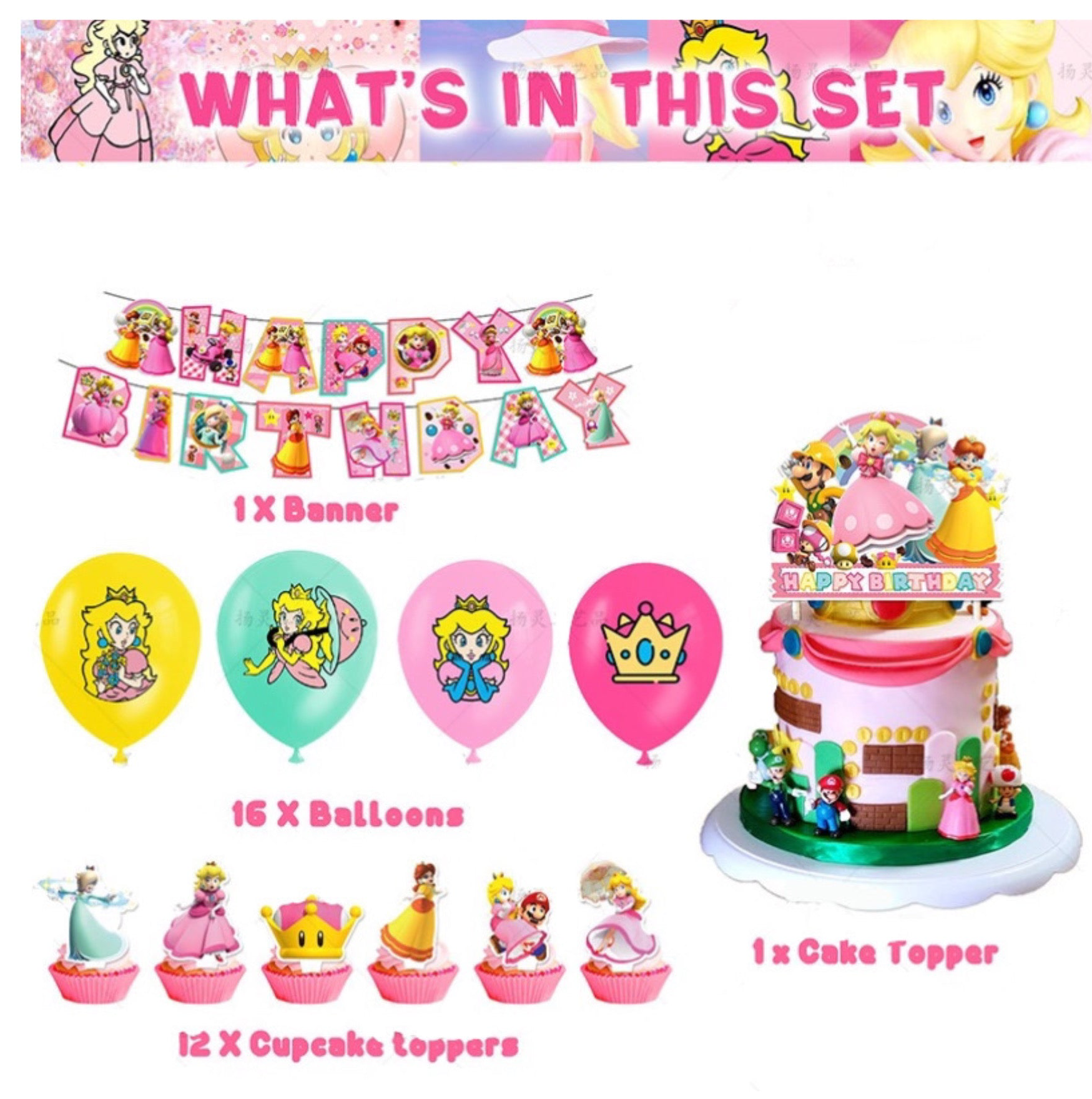 Princess Peach Party Decorations – Complete Decoration Set.