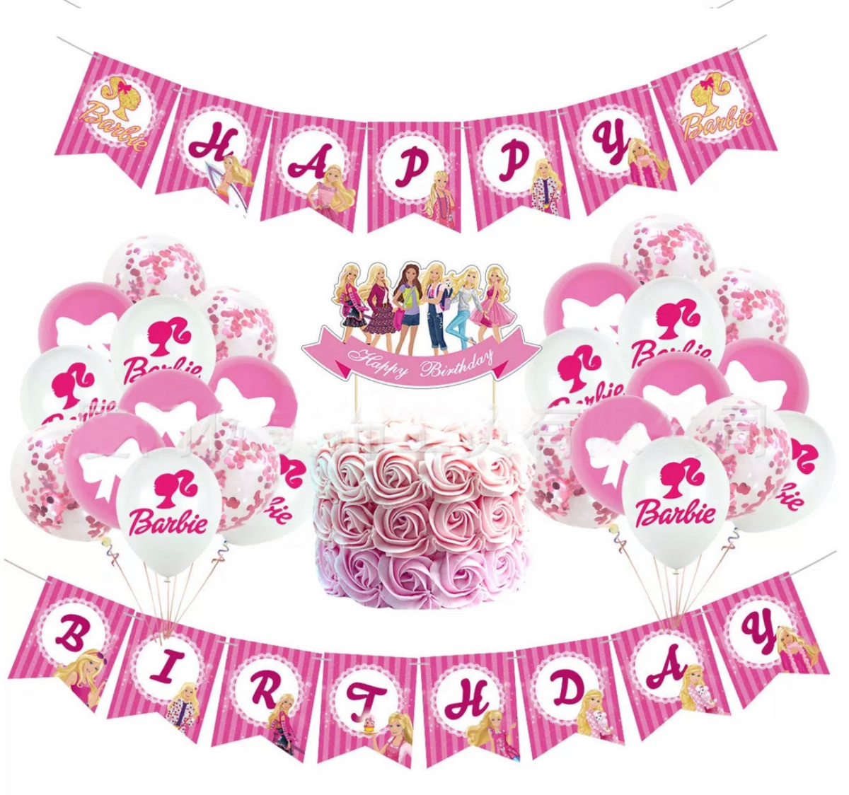 Colorful Barbie birthday party set with decorations, including balloons, banners, and themed accessories from Shopping Island.