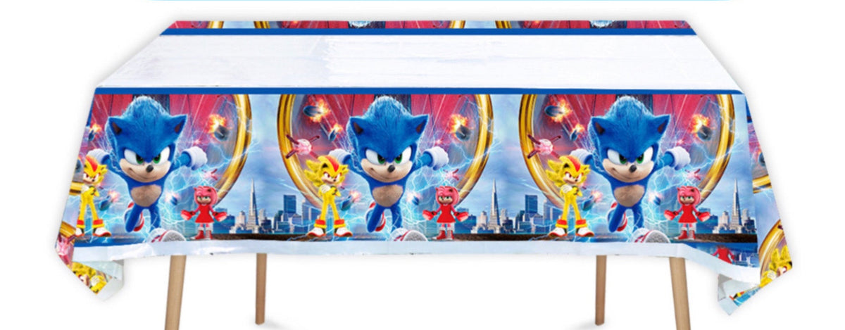 Sonic Birthday party set by Shopping Island with themed plates, cups, napkins, and decorations for children's celebration.