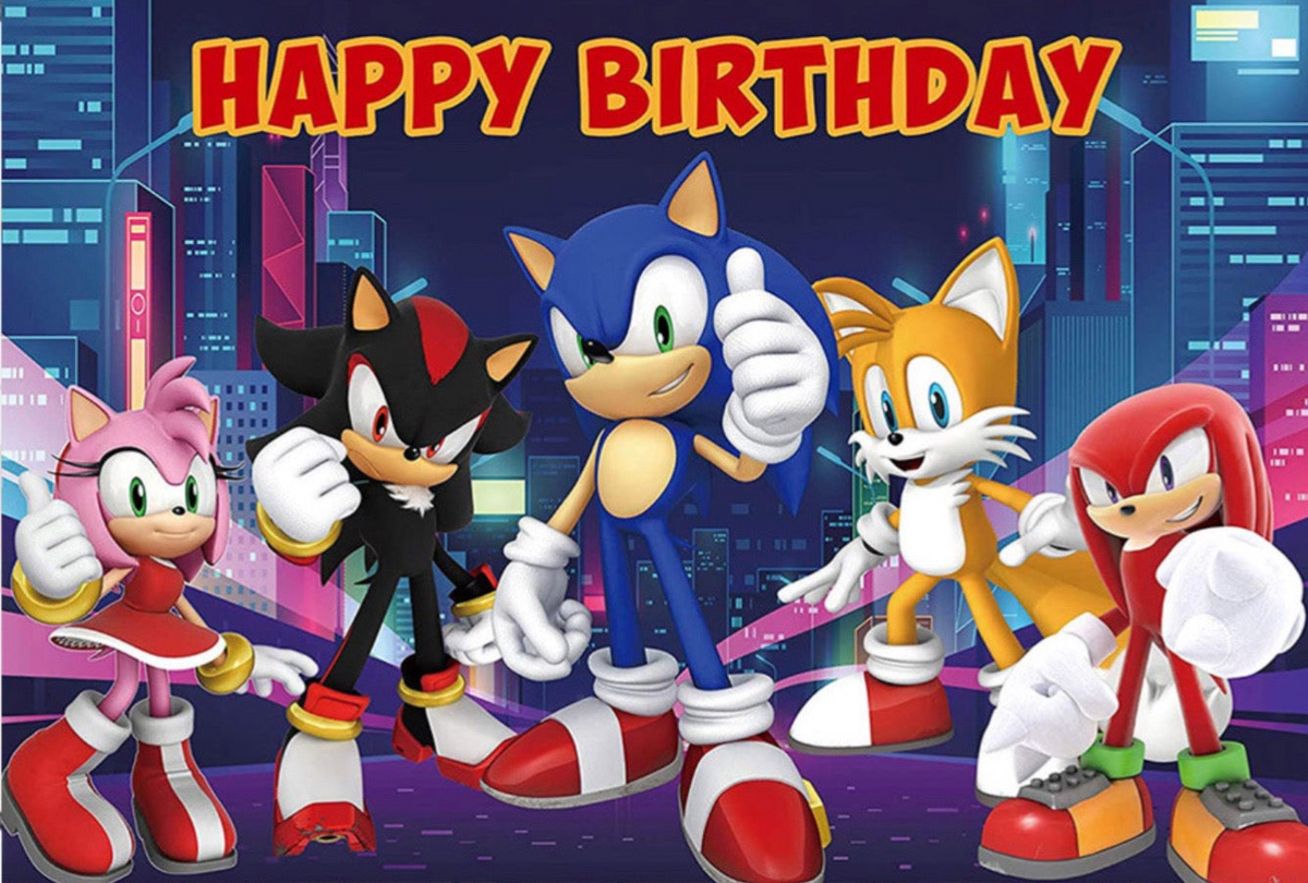 Sonic birthday party set by Shopping Island with Sonic themed banners, plates, cups, and party decorations for kids' celebration.