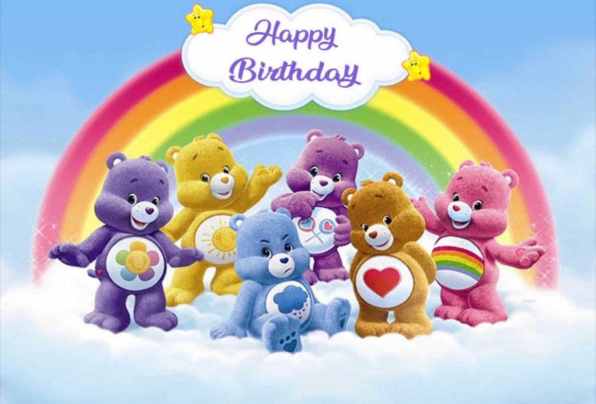 Colorful Care Bears birthday party decorations featuring themed banners, balloons, and hanging ornaments for celebration.