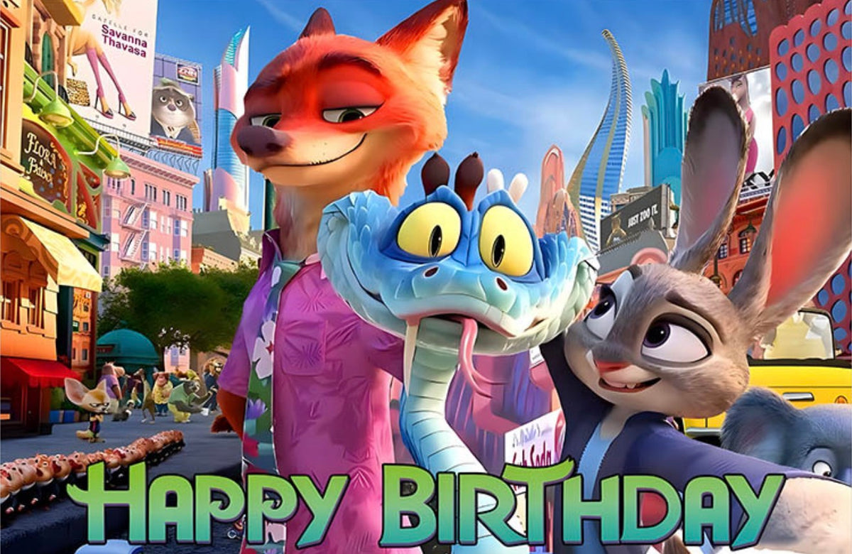 Colorful Zootopia party decorations including banners and balloons for celebration events, by Shopping Island.