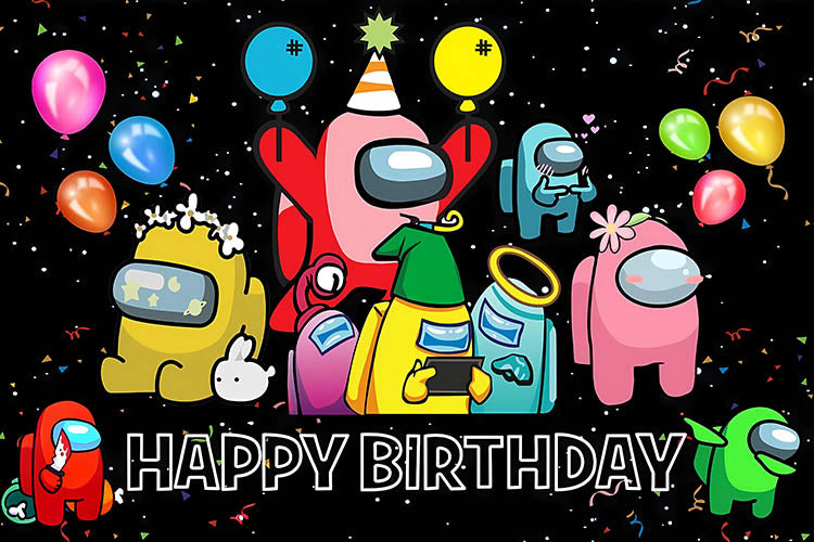 Colorful Among Us birthday party decorations by Shopping Island featuring themed banners and hanging ornaments for celebrations.