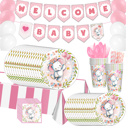 Pink elephant baby shower party decorations set-table decor.