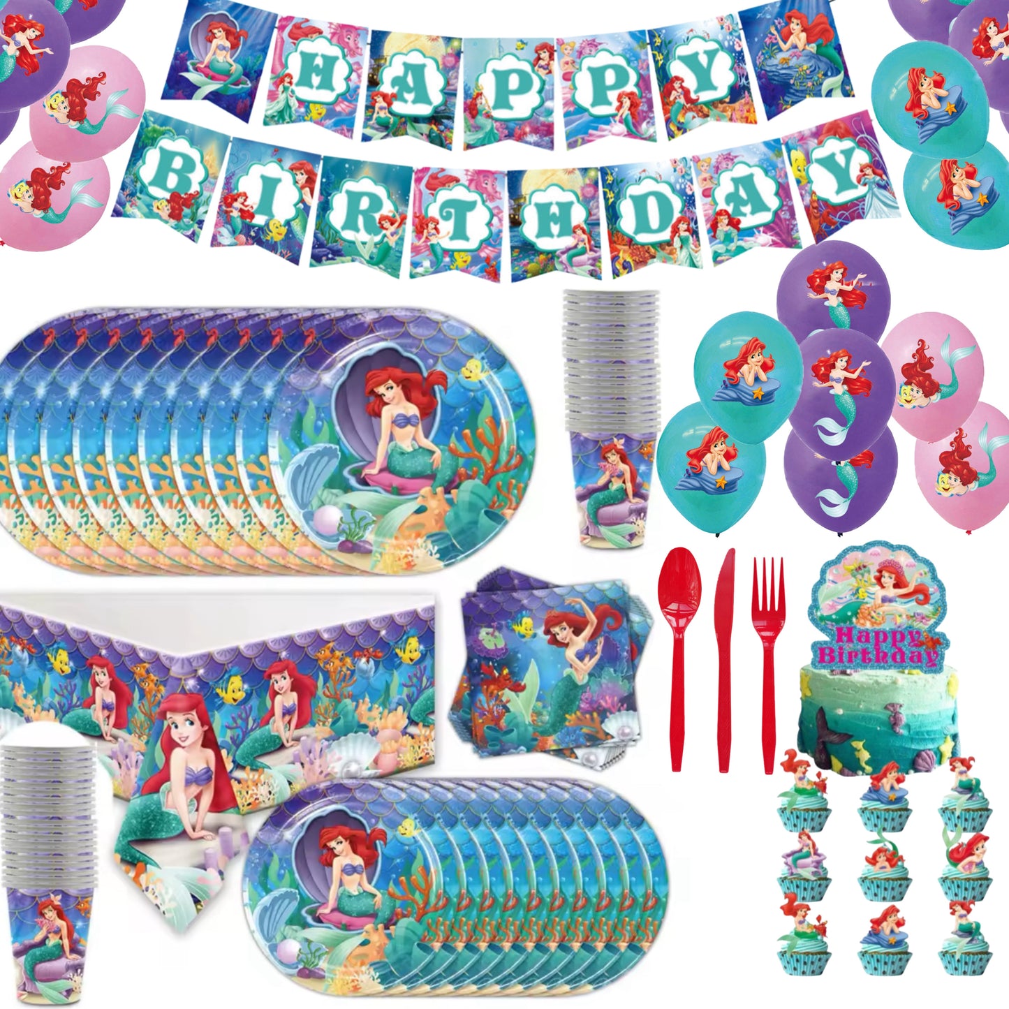 Ariel Party Supplies | Complete Decoration Set for 10 or 20 Guests.