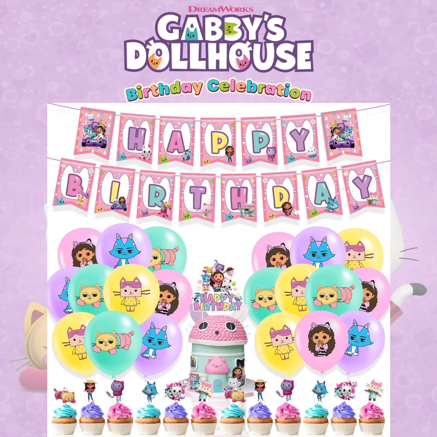 Gabby’s dollhouse Party Supplies | Complete Decoration Set for 10 or 20 Guests.