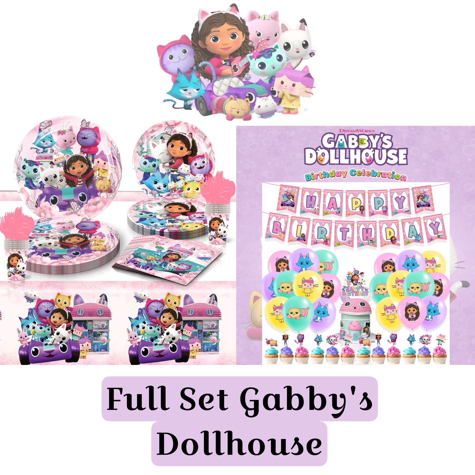 Gabby’s dollhouse Party Supplies | Complete Decoration Set for 10 or 20 Guests.