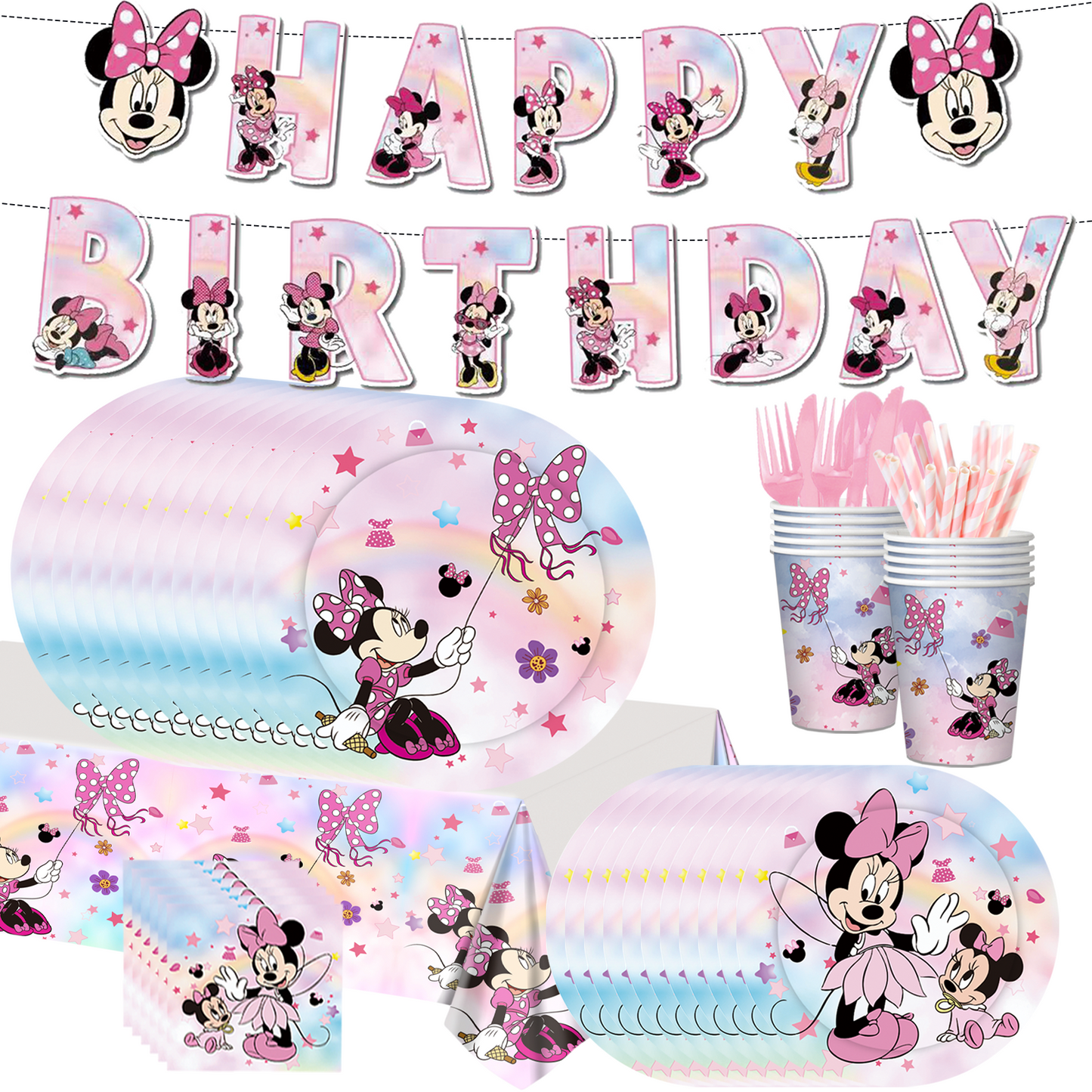 Minnie pink pastel party decorations set-table decor.