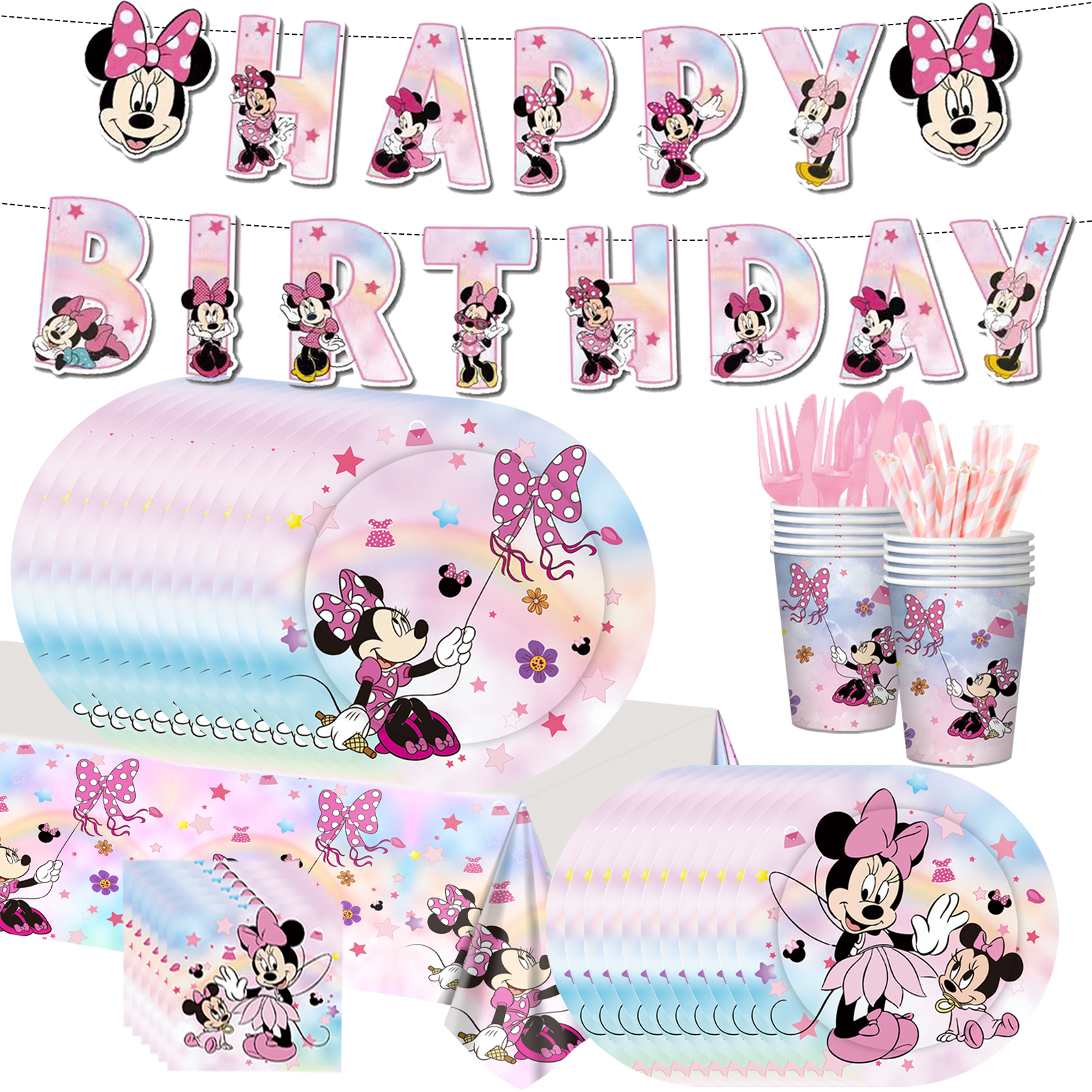 Minnie pink pastel party decorations set-table decor.