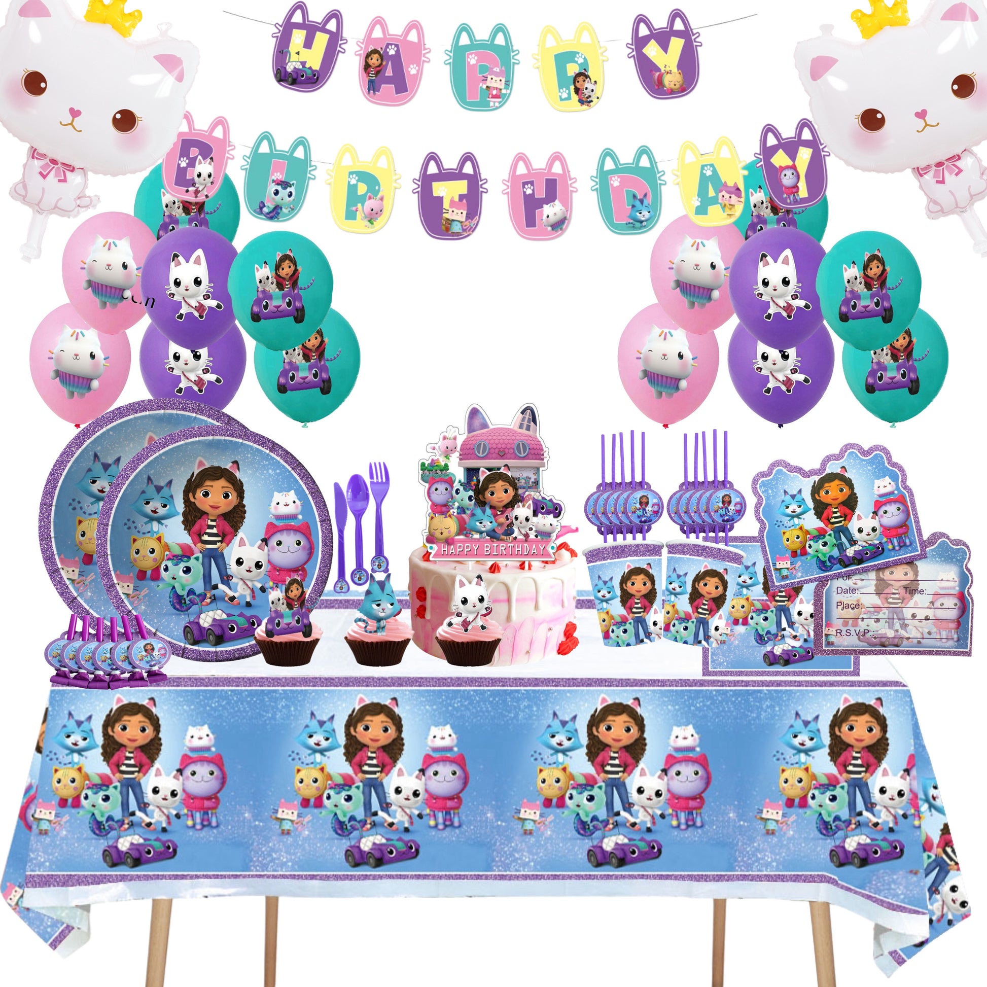 Gabby’s Dollhouse Birthday Party Set – Complete Table Decor Kit.